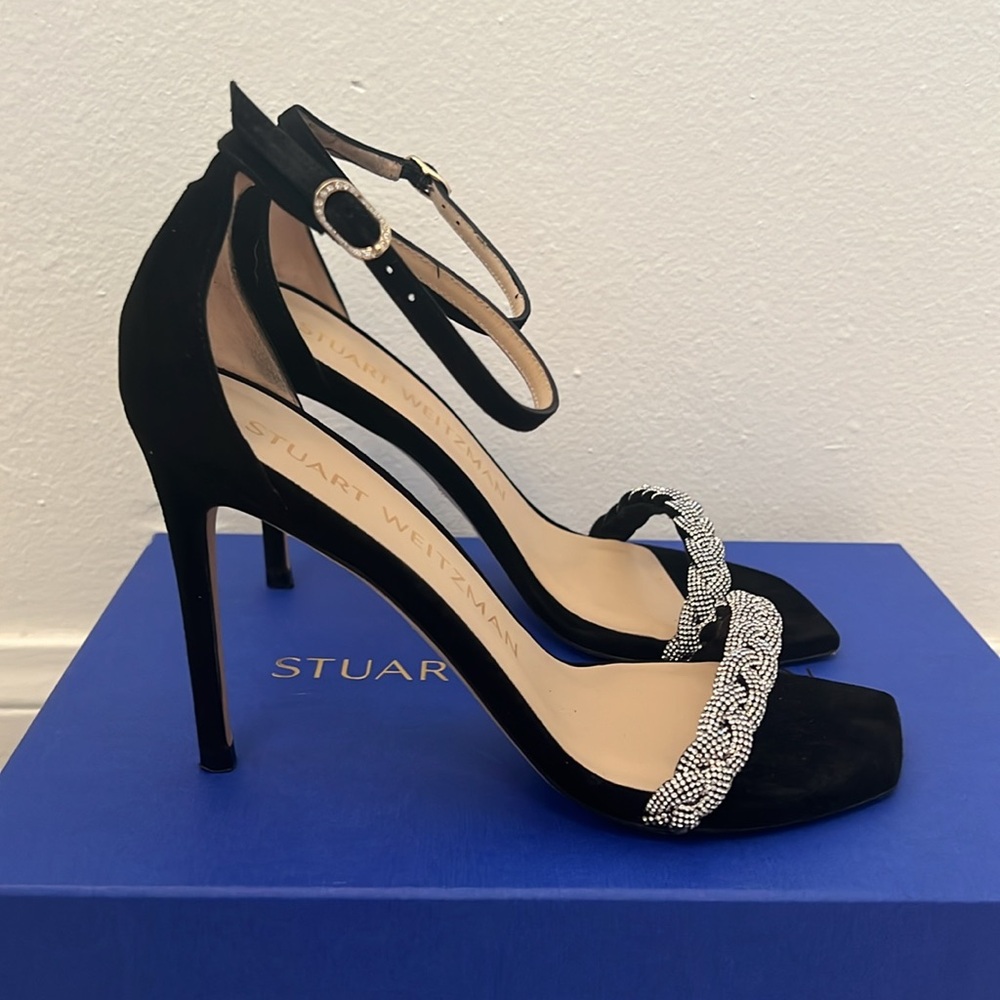 Stuart Weitzman Nudistcurve Black Suede Heels with Rhinestones size 38.5